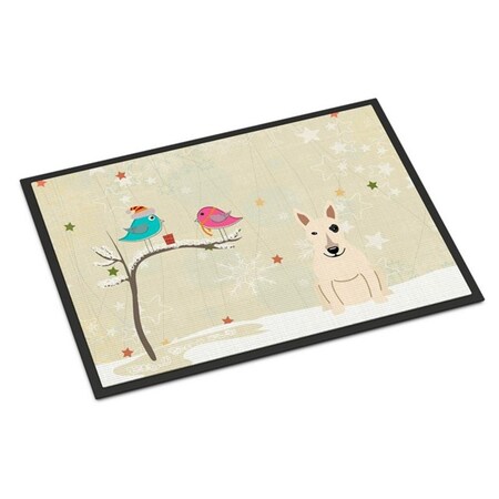Jensendistributionservices Christmas Presents Between Friends Bull Terrier White Indoor or Outdoor Mat, 24 x 0.25 x 36 in. MI2549680